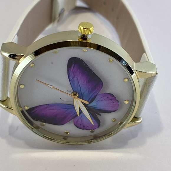 Accessories - Gold Tone Butterfly Dial Watch White Faux Leather Band Easy Read Watch New Batt.